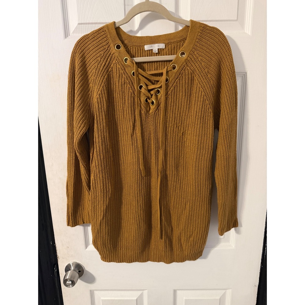 Active USA Mustard Yellow Lace Up Grommet Ribbed Knit Tunic Sweater Womens Large